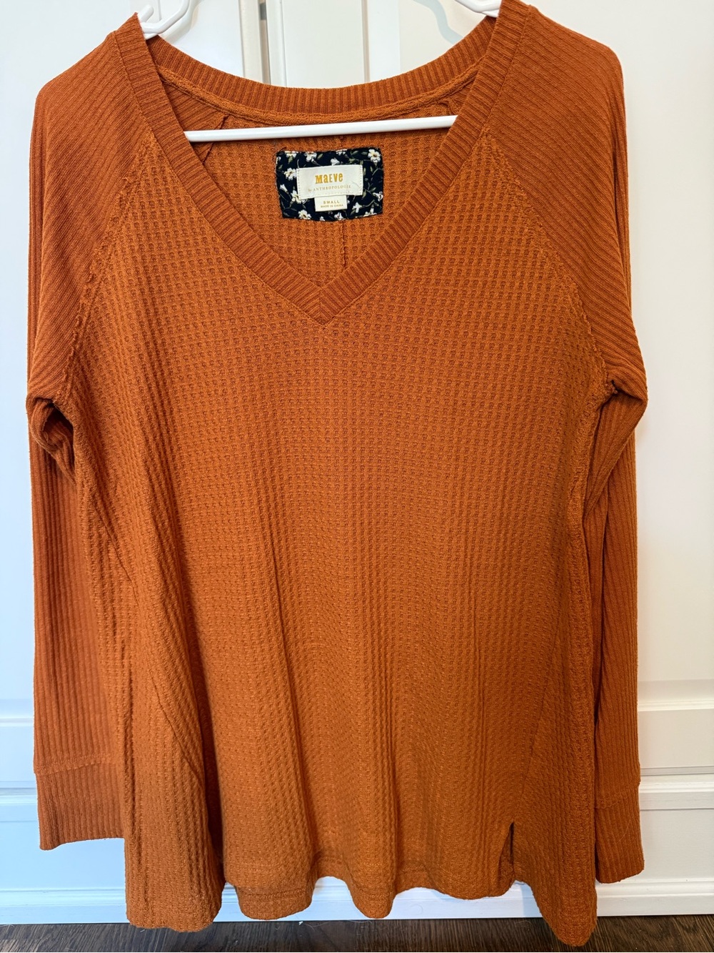 Anthropologie Maeve Waffle-Knit V-Neck Sweater - Rust Orange